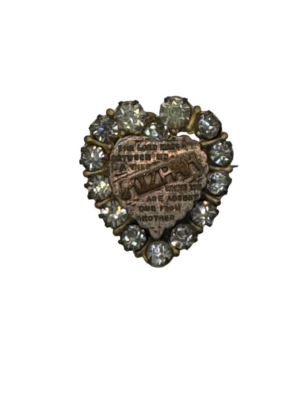 Vintage Victorian Rhinestone Heart "Mizpah" Pin Brooch Bible Verse Engraving